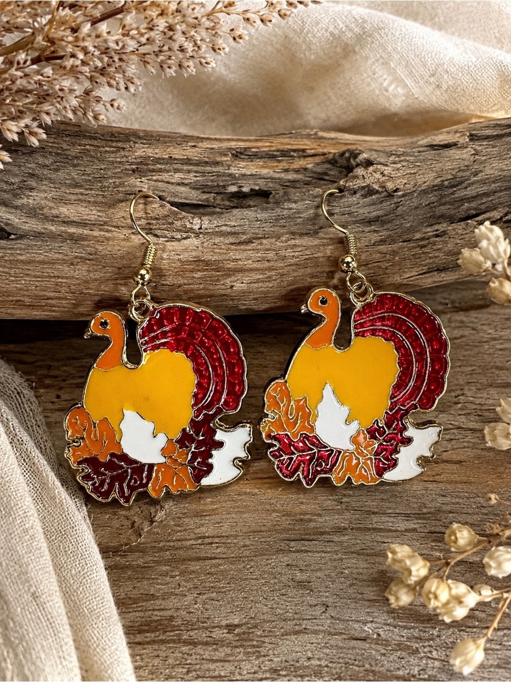 Turkey Earrings Autumn Fall Leaves Enamel Dangle Gold Tone Women